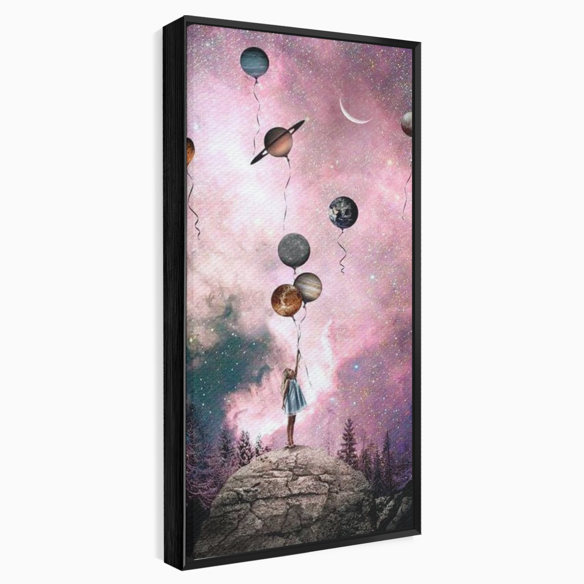 Tablou canvas cu ilustratie fetita tinand baloane planete, in rama de aluminiu negru